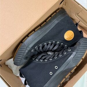 P.F. Flyers Black High-Top Canvas Sneakers with Tan Logo Patch